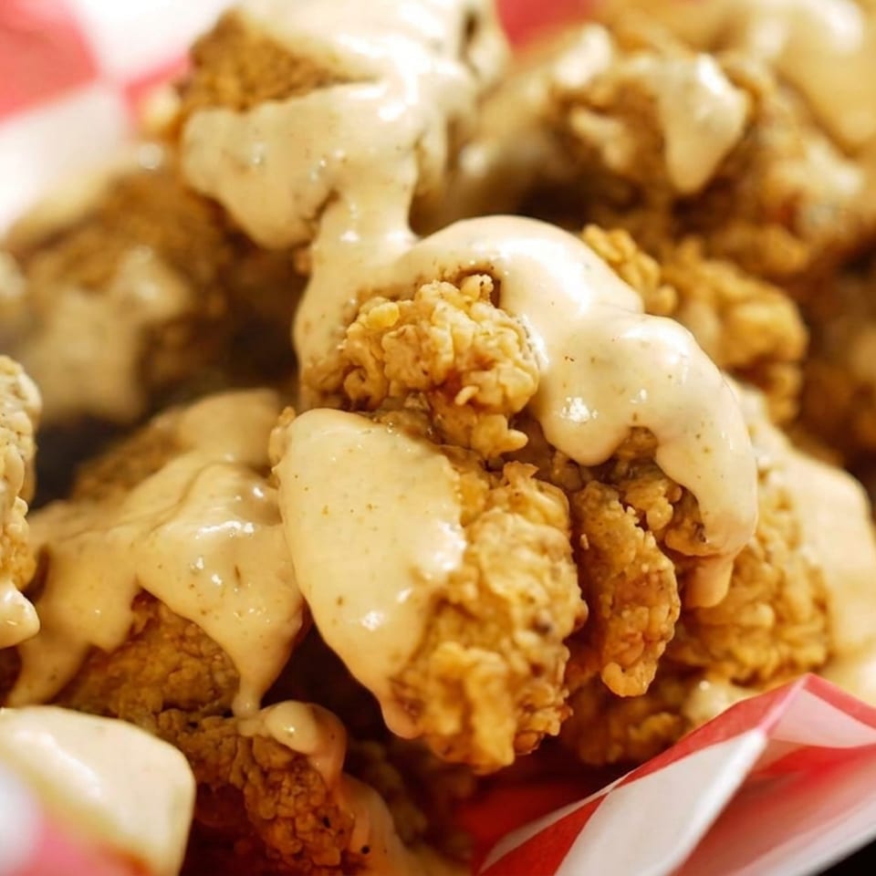 Crispy fried chicken pieces topped with creamy sauce in a red-and-white checkered basket liner.