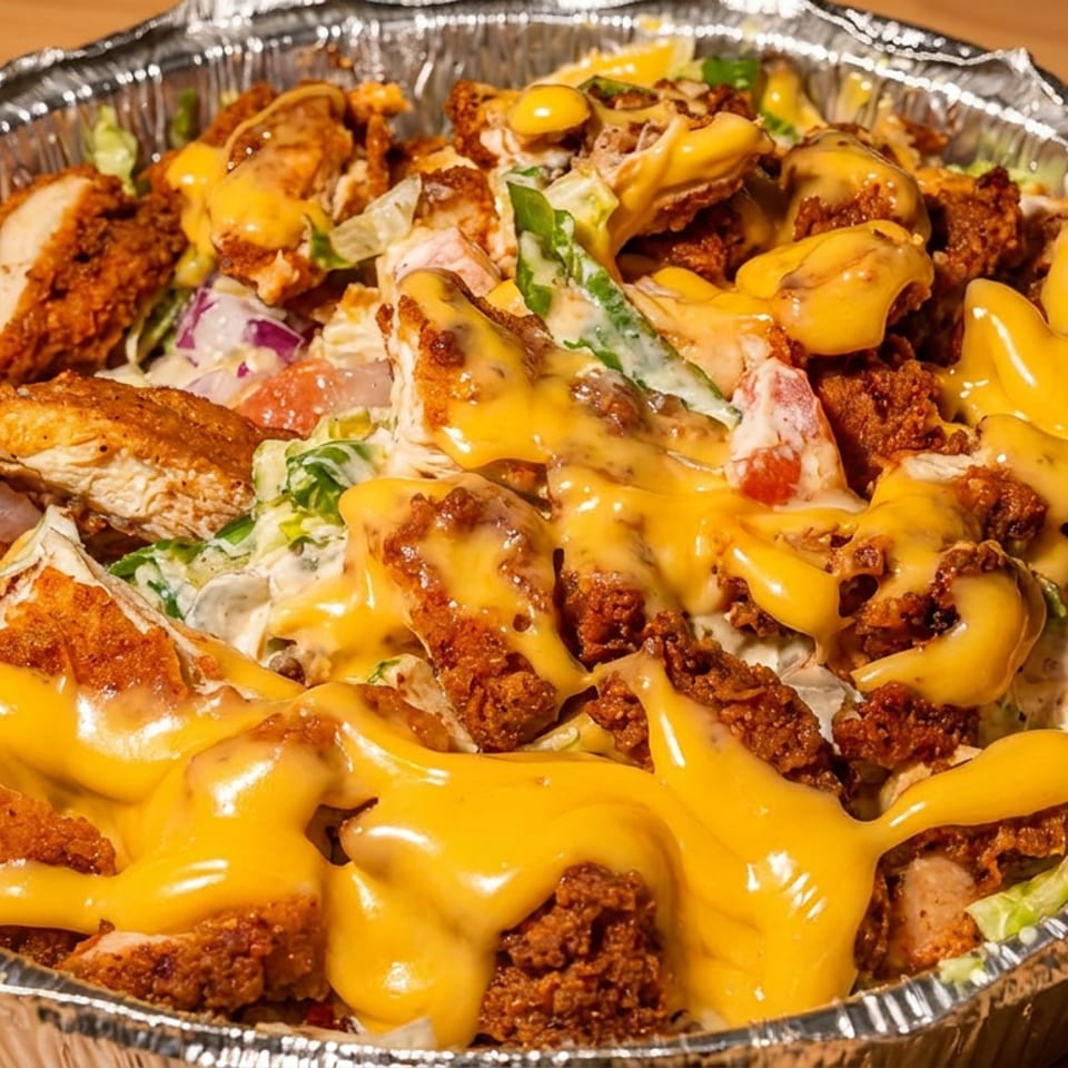 Loaded salad topped with crispy chicken pieces, chopped vegetables, and generous drizzles of melted cheese in a foil tray.